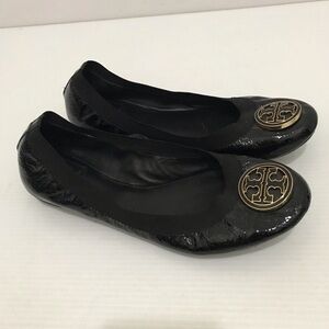 Authentic TORY BURCH Patent Caroline Ballet Flats Black Leather Size 8.5M